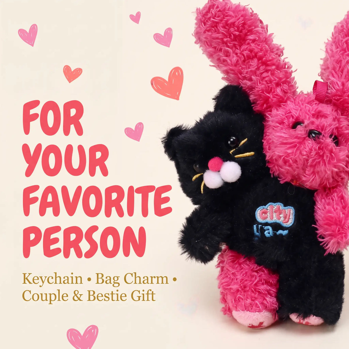 Cat Bunny Hugging Plush Charm featuring a black cat and pink bunny on a keychain for couples and besties.