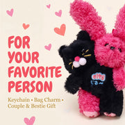 Cat Bunny Hugging Plush Charm featuring a black cat and pink bunny on a keychain for couples and besties.