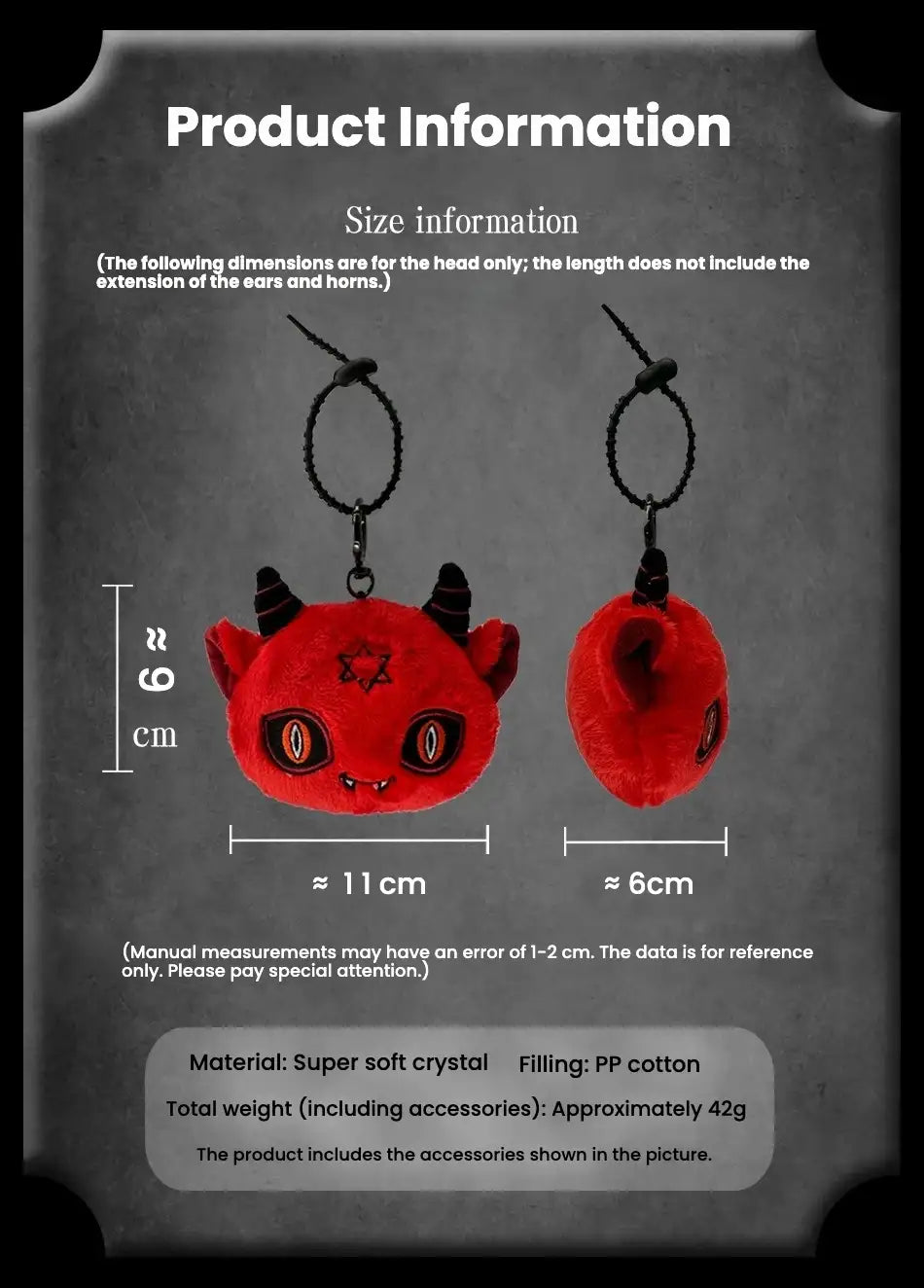 Product information image of Dark Envoy Plush Charm Buu Evil showing size and material details.