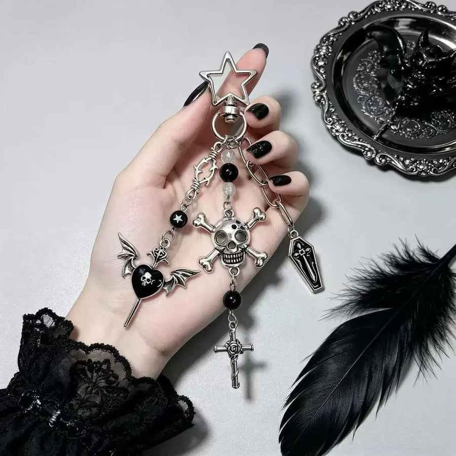 Gothic Skull and Cross Bag Charm featuring skull, cross and bat designs, ideal for dark aesthetic accessories.