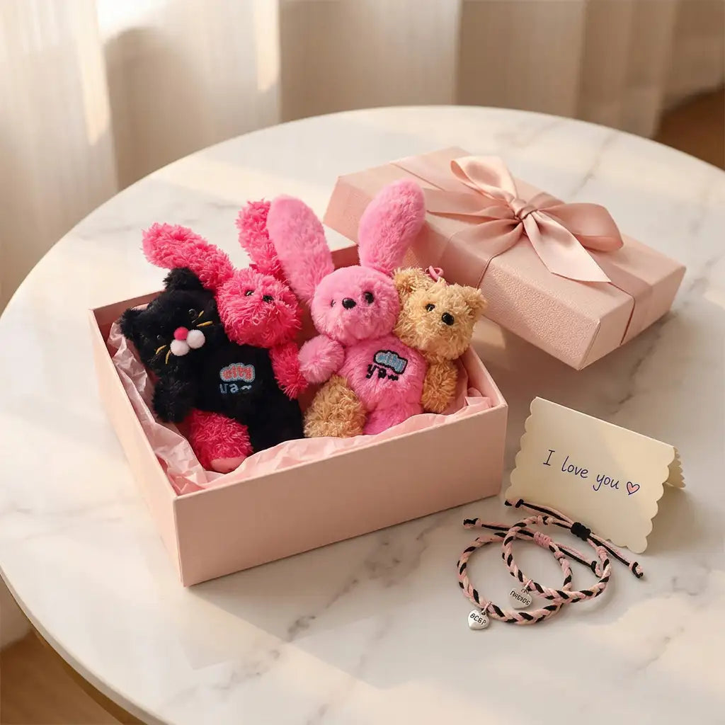 Cat Bunny Hugging Plush Charm set in a gift box with a note saying 'I love you' and colorful mini plush toys