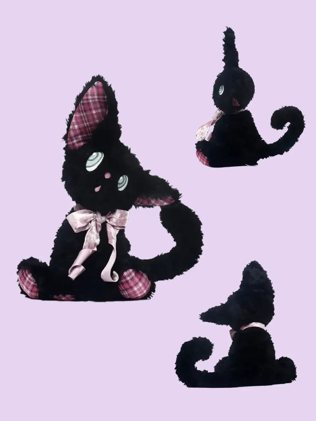 Listening black cat plush toy featuring cute expressive eyes and a pink bow with a plaid pattern.