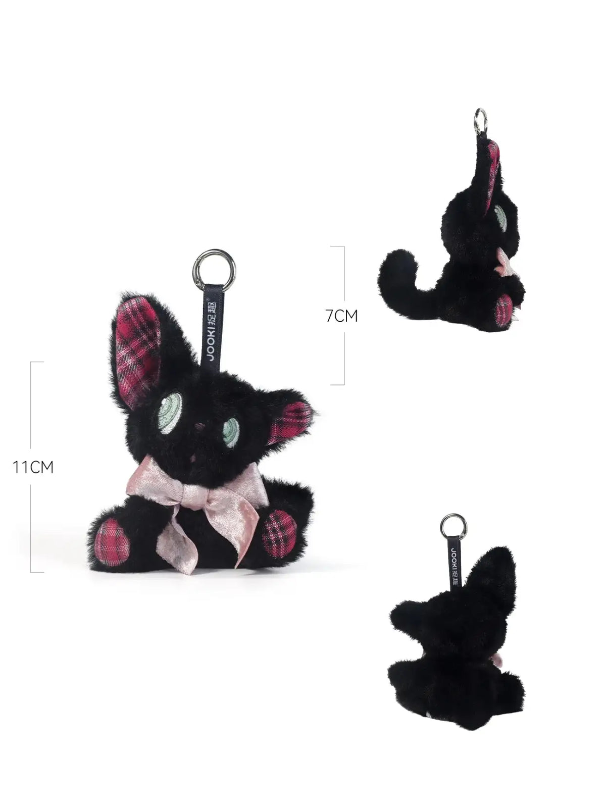 Listening black cat plush toy featuring expressive mint-green eyes and a pink bow, perfect for gifts.