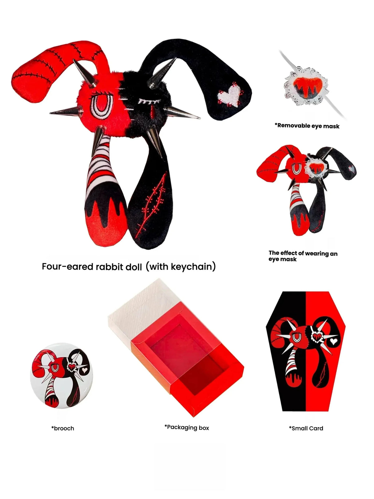Rivet Punk Rabbit four-eared doll, featuring removable eye mask, brooch, packaging box, and small card.