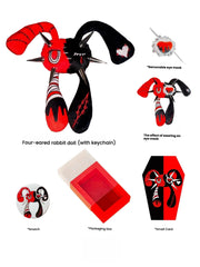 Rivet Punk Rabbit four-eared doll, featuring removable eye mask, brooch, packaging box, and small card.
