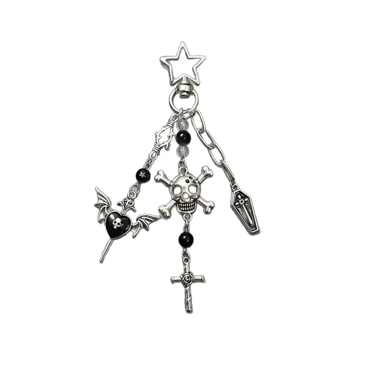 Gothic Skull and Cross Bag Charm featuring a bat, skull, and cross designs, perfect for gothic fashion.