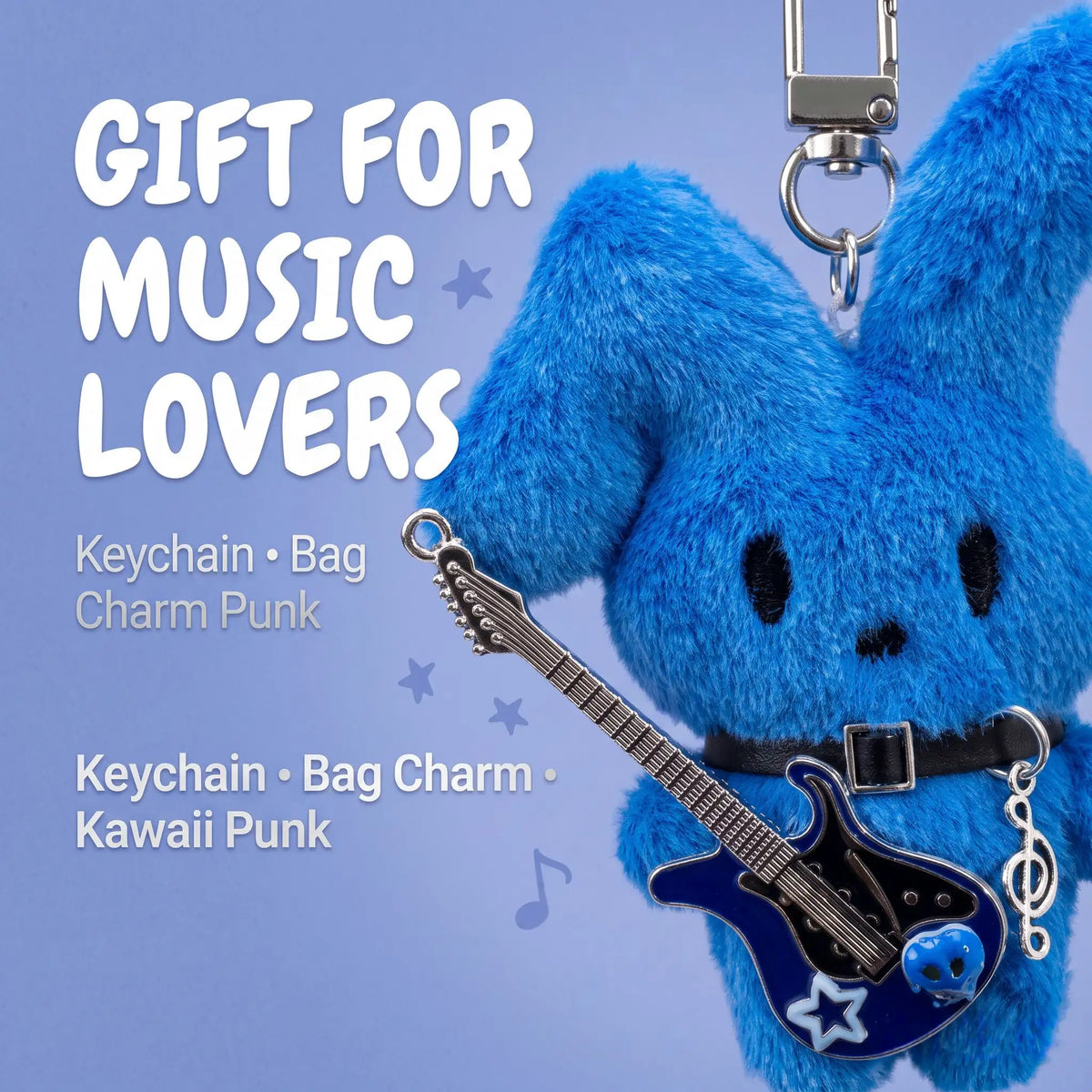 Guitarist Bunny Plush Charm keychain featuring a blue plush bunny with a guitar, perfect gift for music lovers.
