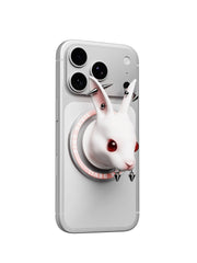 Angry Bunny MagSafe Phone Stand displayed on a smartphone, featuring a unique 3D-printed white rabbit design.