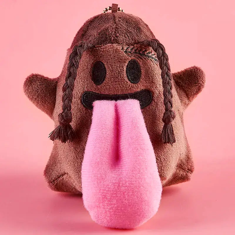 Monster Crew Plush Bag Charm featuring a cute brown character with braids and a pink tongue, perfect for adding whimsy to bags.