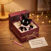 Listening black cat plush toy inside a gift box with a birthday note and a candle.