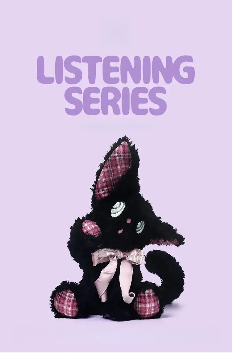 Listening black cat plush toy from the Listening Series with expressive eyes on a pastel background.