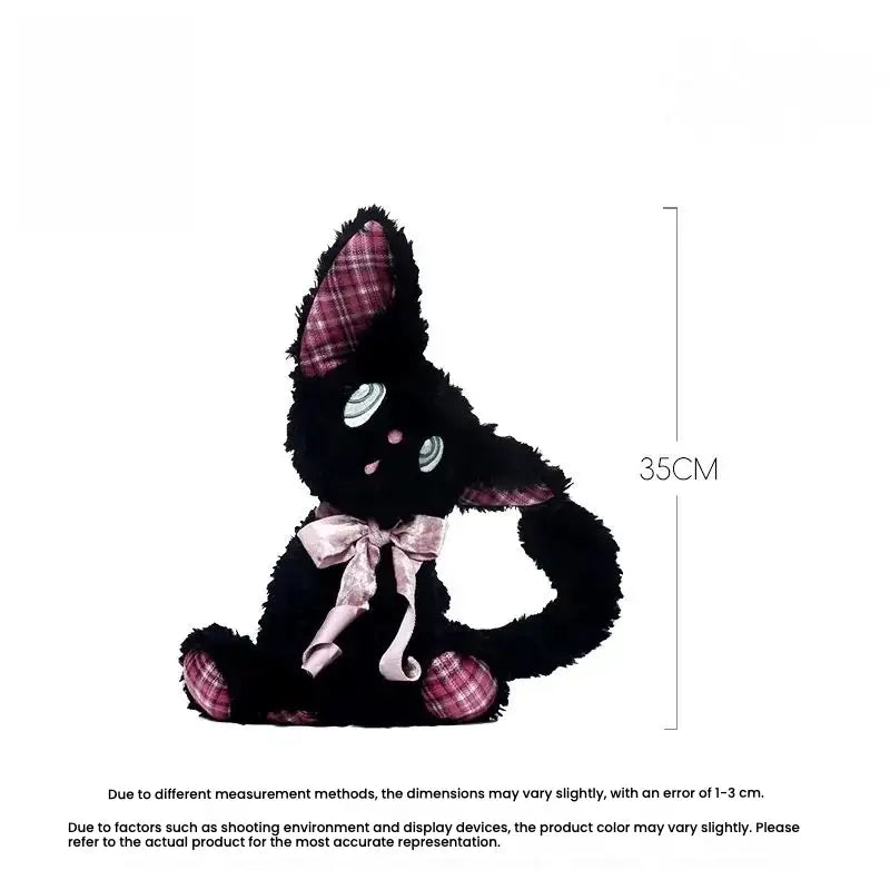 Listening black cat plush toy measuring 35cm, featuring expressive mint-green eyes and a pink plaid bow.