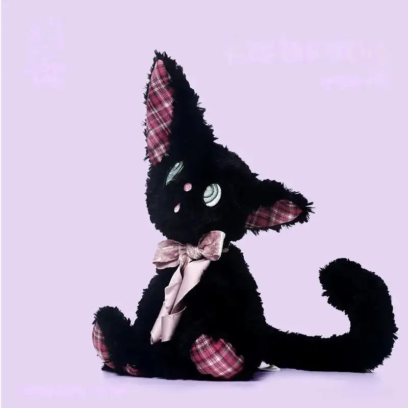 Listening black cat plush toy sitting with expressive eyes and playful plaid ears, featuring a cute bow tie.