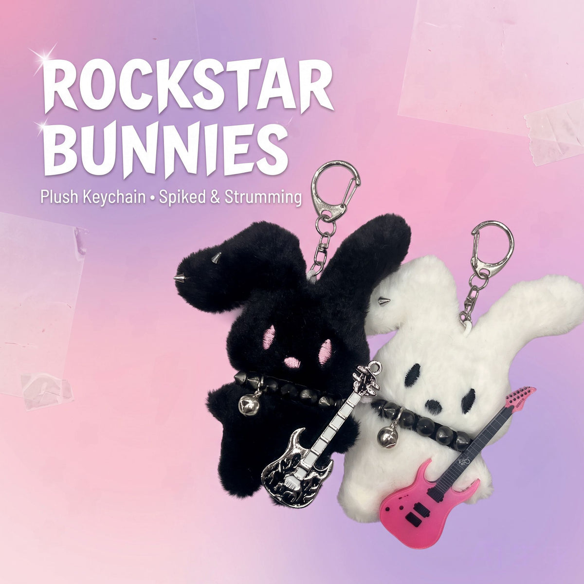 Guitarist Bunny Plush Charm featuring a black and white plush bunny keychain holding guitars against a colorful background.