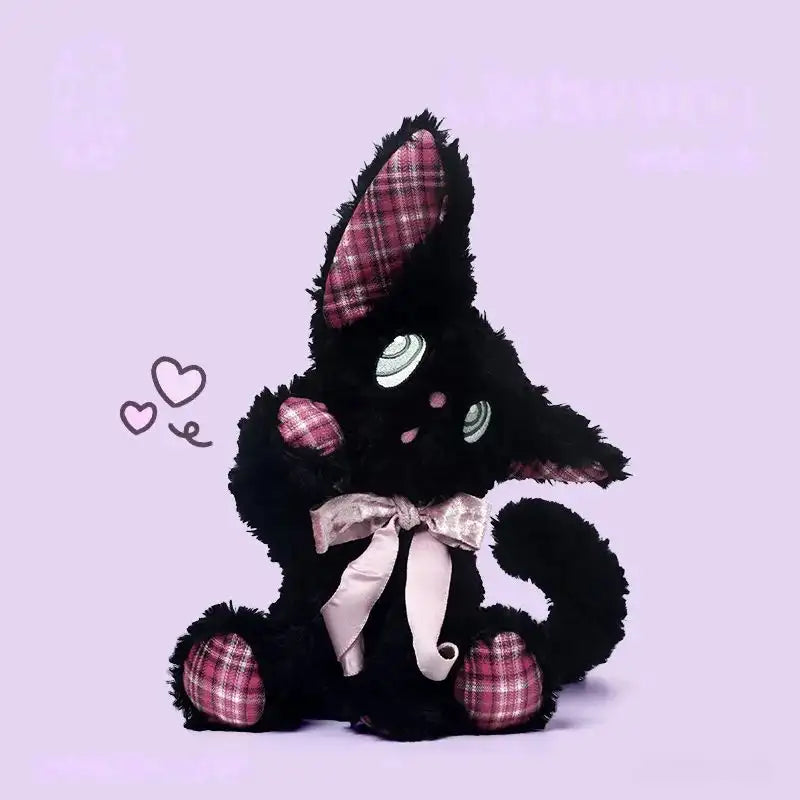 Listening black cat plush toy with expressive eyes and plaid ears, cute black fur and a bow.