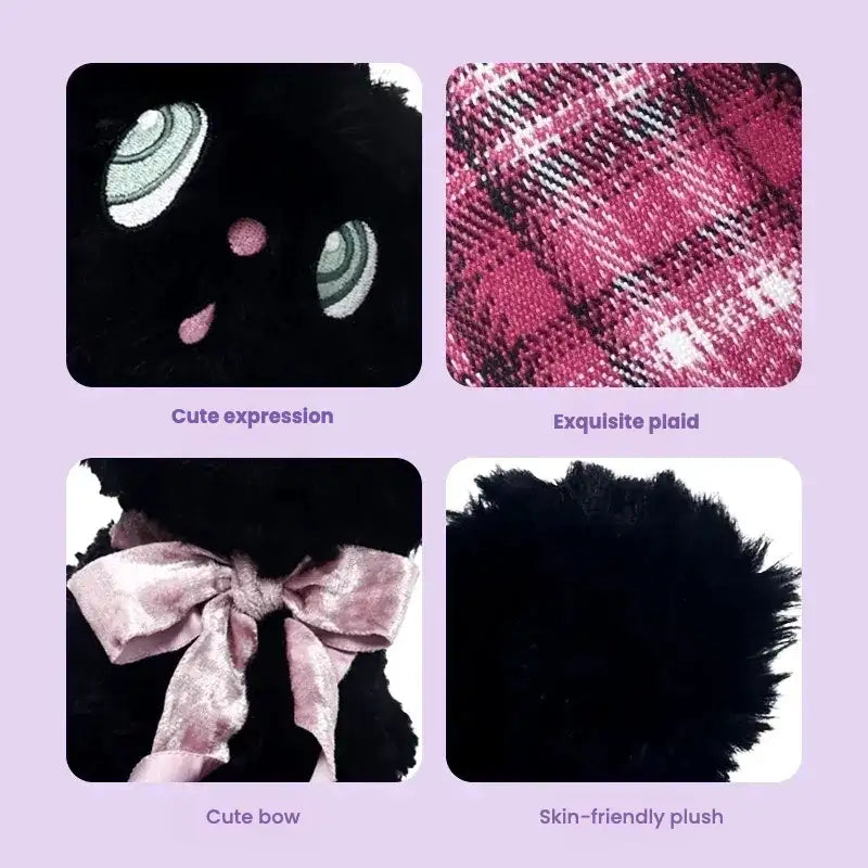 Listening black cat plush toy with cute expression, exquisite plaid, cute bow, and skin-friendly plush texture.