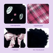 Listening black cat plush toy with cute expression, exquisite plaid, cute bow, and skin-friendly plush texture.