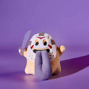 Monster Crew Plush Bag Charm featuring a cute monster holding a sword with a playful expression, against a purple background.
