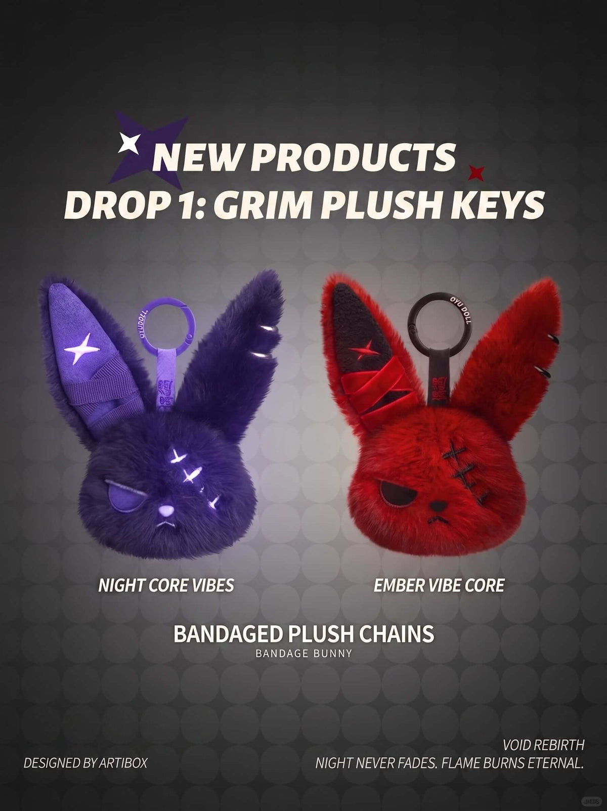 Cuddly bunny plush keychains in dark purple and red, showcasing night core vibes and ember vibe core design.