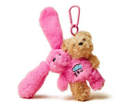 Cat Bunny Hugging Plush Charm with plush rabbit and bear in pink and tan, attached to a clip for easy carrying.