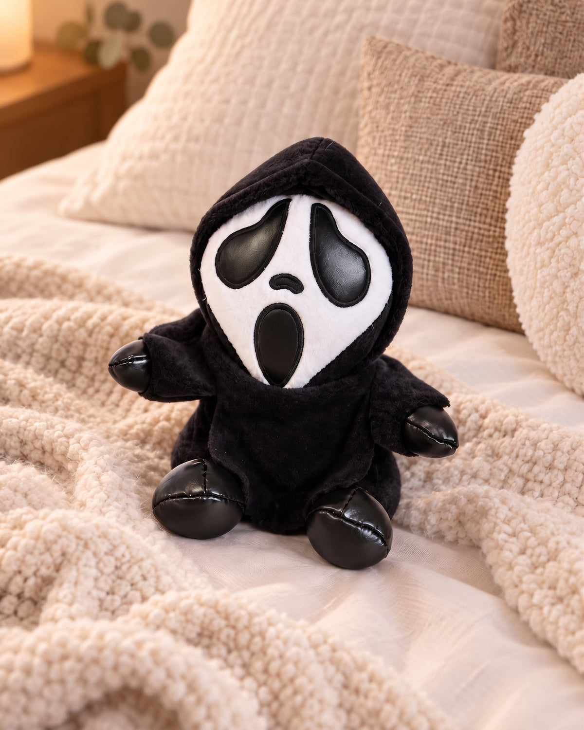 Gloomy Oddboo Buu Evil plush toy with black hood, sitting on cozy blanket in a relaxed setting.