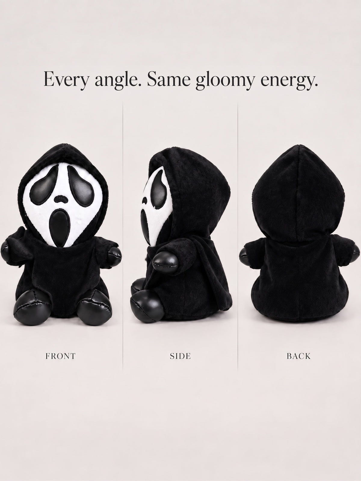 Gloomy Oddboo Buu Evil plush toy displayed from front, side, and back views, showcasing its spooky charm.