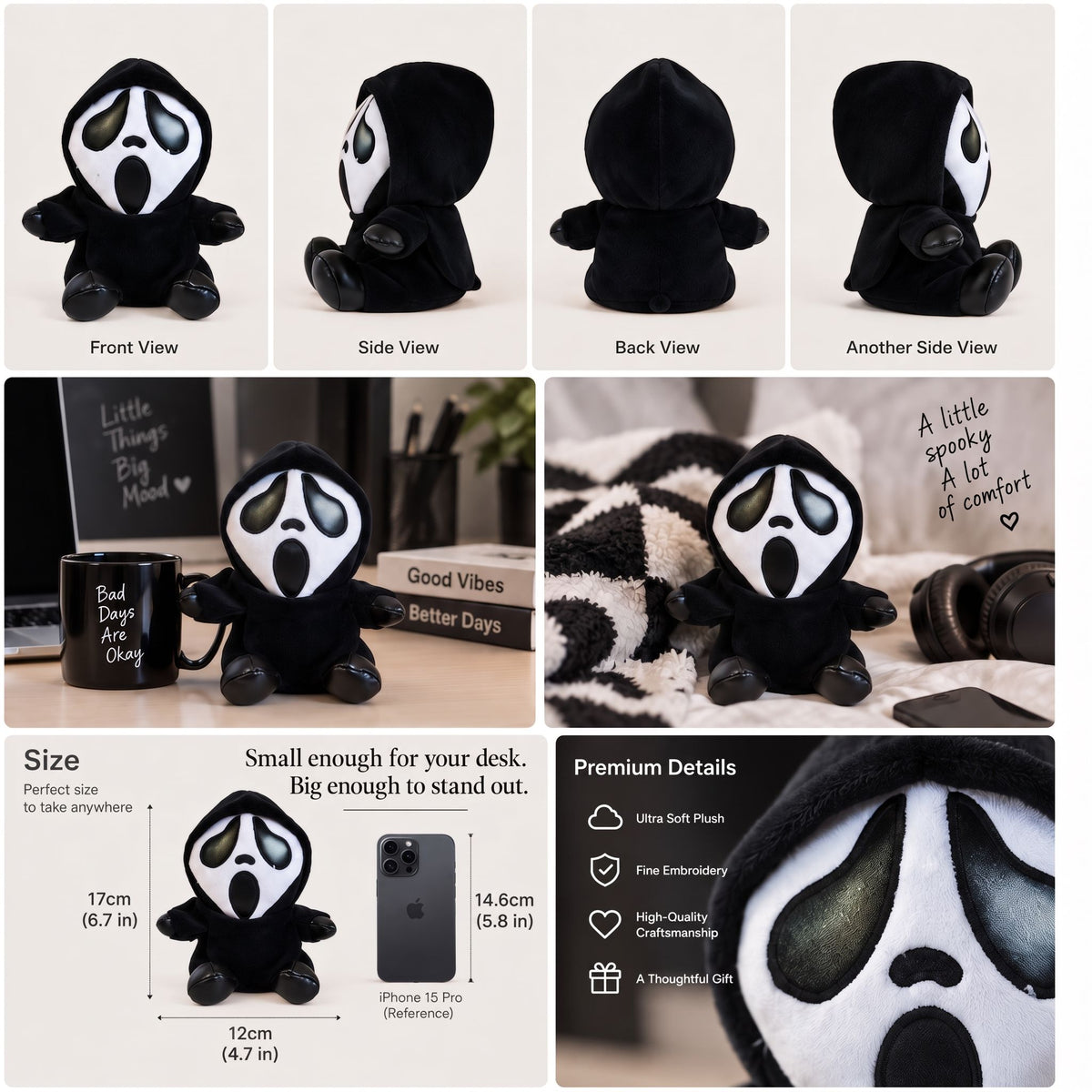 Gloomy Oddboo Buu Evil plush toy displayed in multiple views, highlighting its spooky design and soft fabric.