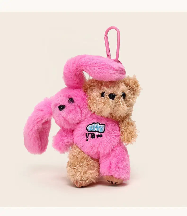 Cat Bunny Hugging Plush Charm keychain with a pink bunny and teddy bear hugging each other.