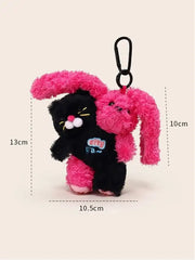 Cat Bunny Hugging Plush Charm featuring a black cat and a pink bunny, designed as a cute keychain.