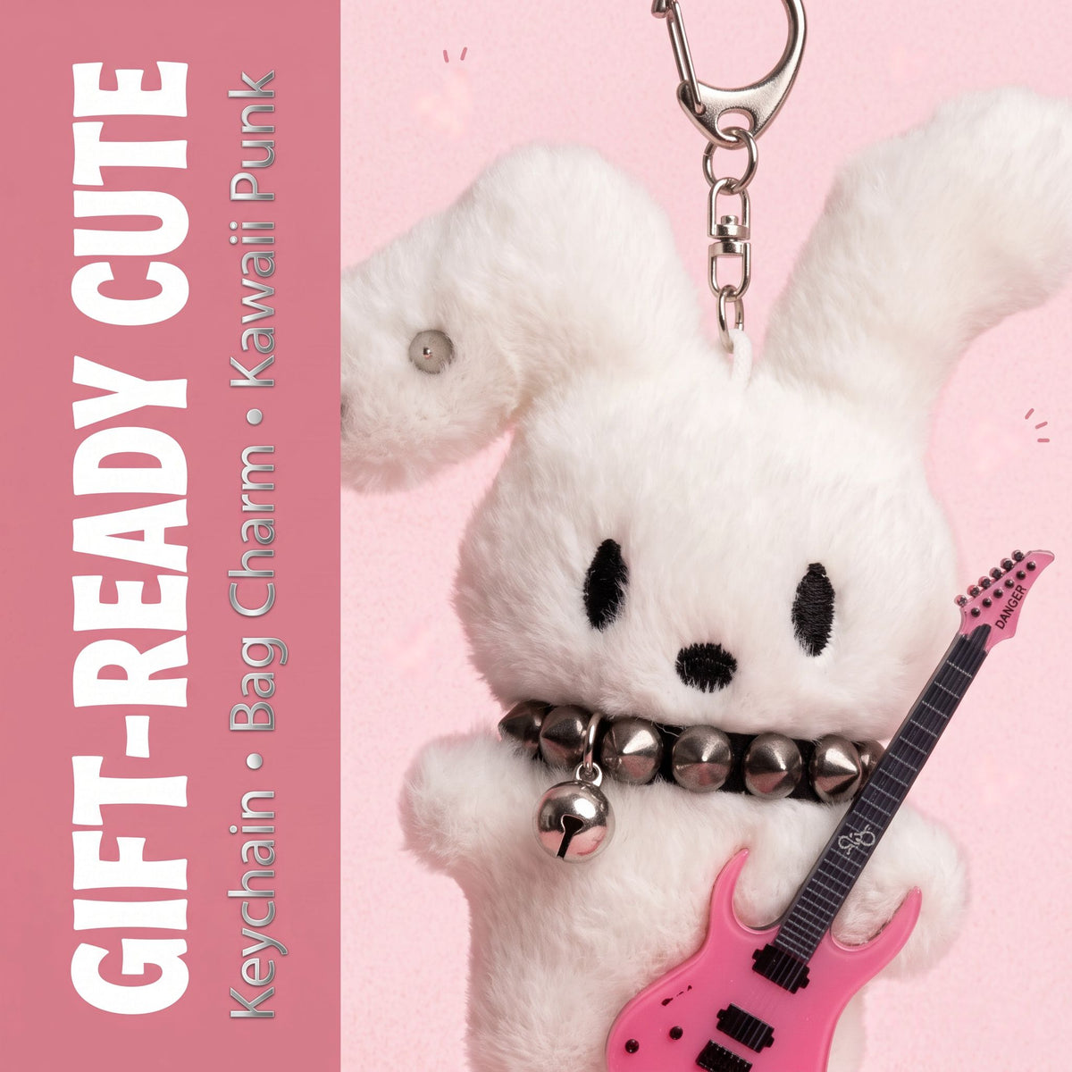 Guitarist Bunny Plush Charm with plush guitar, keychain bag charm, cute kawaii punk accessory.