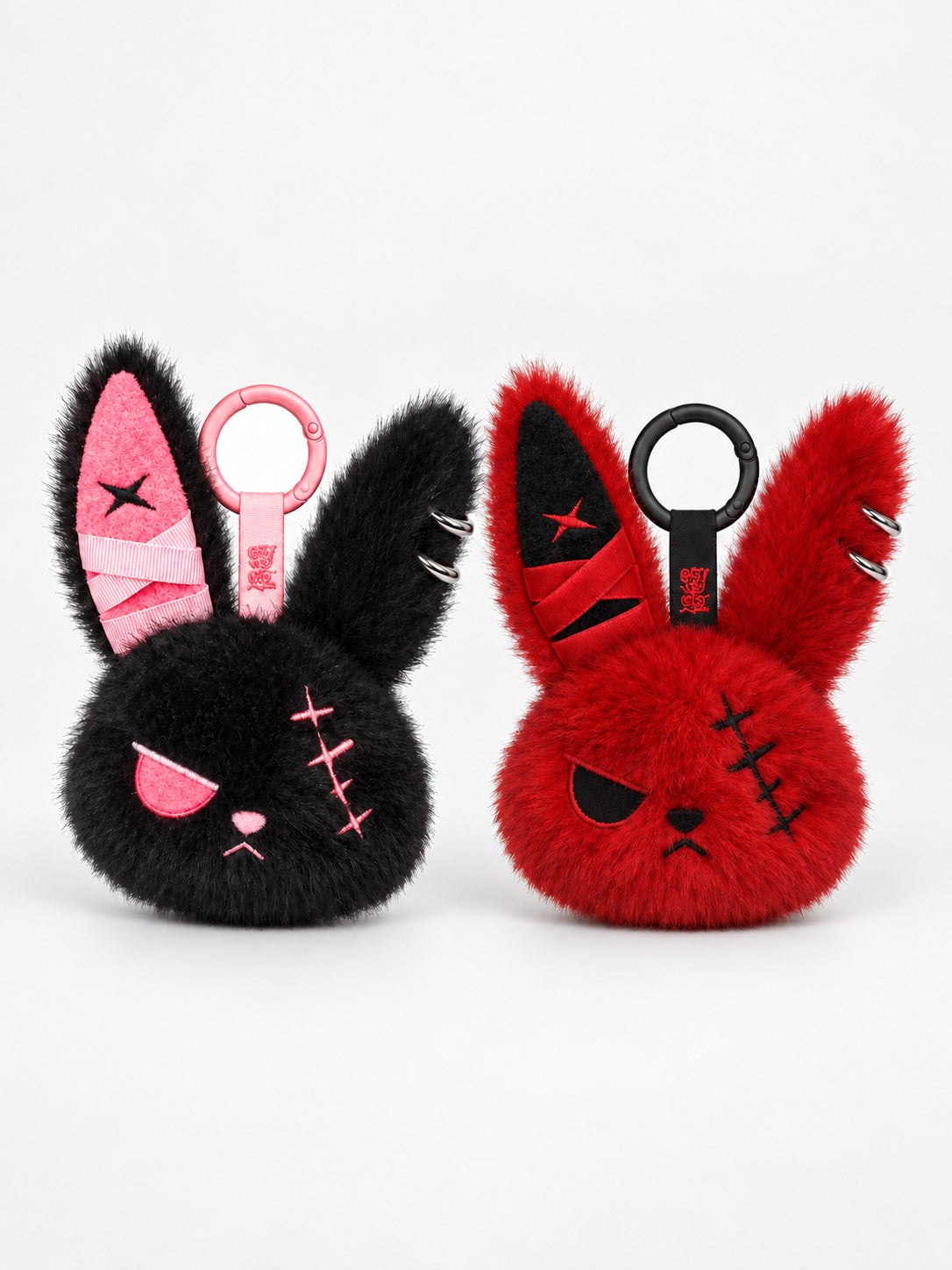 Cuddly Bunny - DarkCute BandaBun plush keychains, featuring black and red bunnies with unique stitched designs.