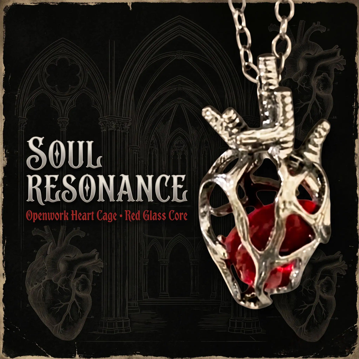 Soul Resonance Gothic Heart Necklace featuring openwork heart cage with red glass core.
