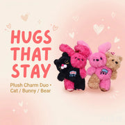 Cat Bunny Hugging Plush Charm featuring plush animals hugging on a pastel background with hearts.