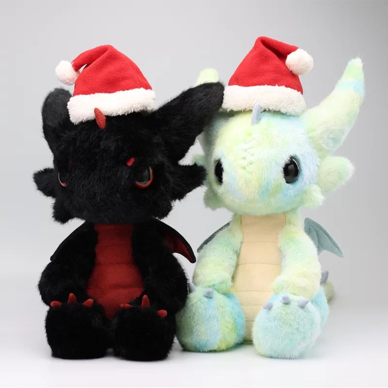 Stuffed dragon Boo plush toy duo in Santa hats, showcasing limited edition Cloudie and Little Black Dragon designs.