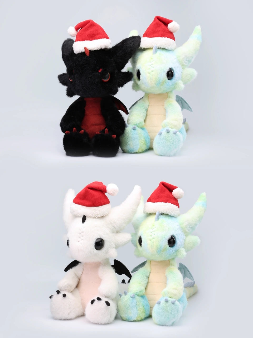 Stuffed dragon Boo plush toys in Santa hats, showcasing limited edition styles: Little Black Dragon and Cloudie.