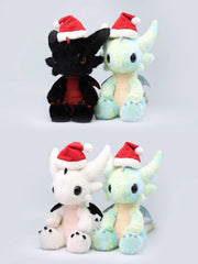 Stuffed dragon Boo plush toys in Santa hats, showcasing limited edition styles: Little Black Dragon and Cloudie.