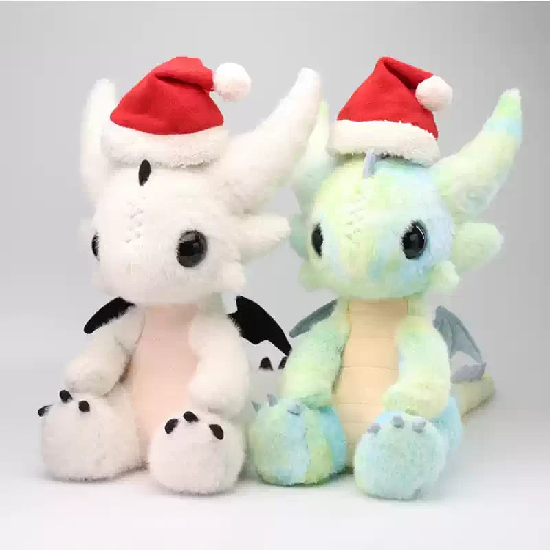 Stuffed dragon Boo plush toys in festive Santa hats, showcasing limited edition design and cuddly features.