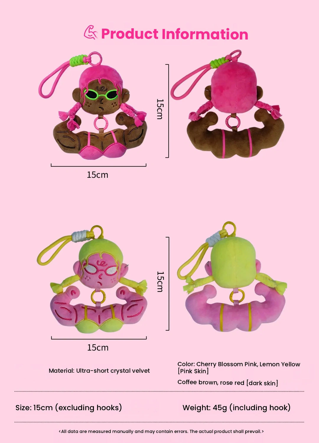Buu Evil Plush Bag Charm showing playful designs in pink and brown, perfect gift for gym lovers, 15 cm tall.