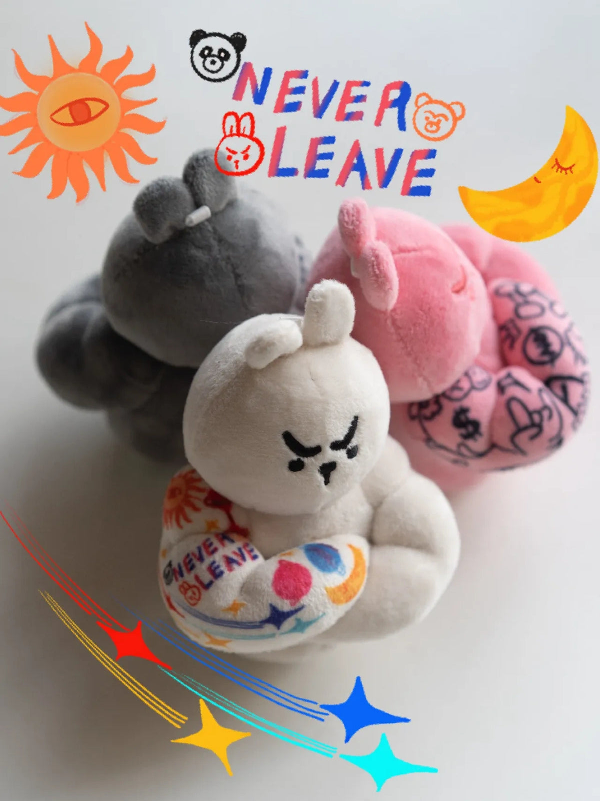 Cute bunny plush toys with vibrant designs and motivational phrases, perfect for collections and gifts.