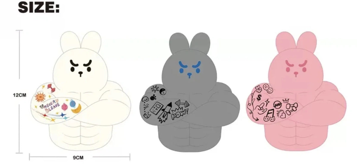 Bunny plush bag charm featuring a muscular bunny character in three colors: white, gray, and pink. Perfect for gym motivation.