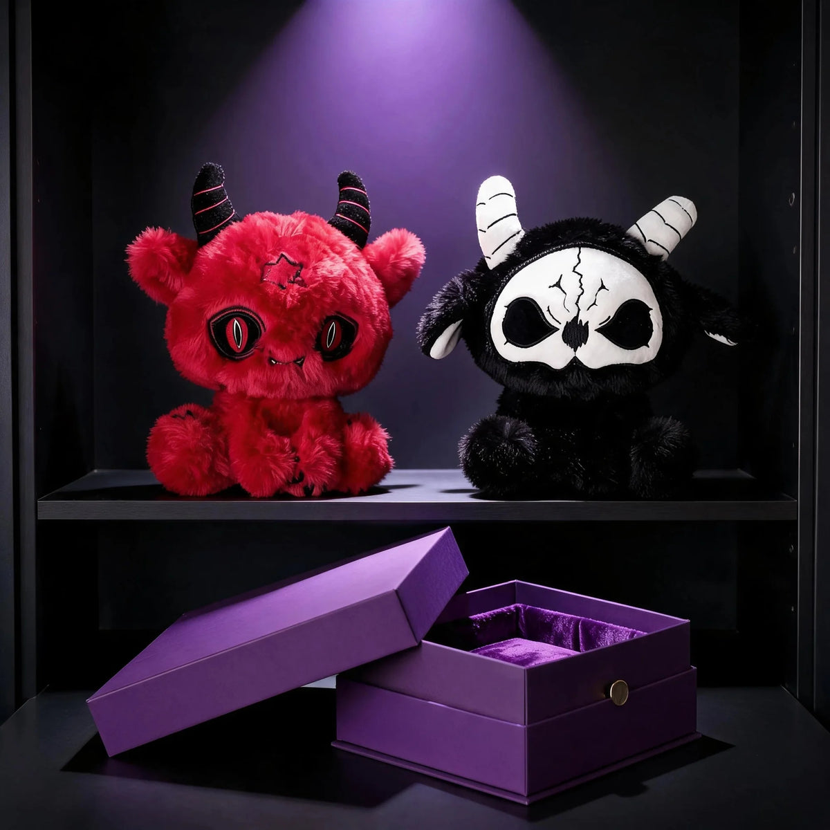 Dark Envoy Reaper Plush - Buu Evil, featuring red and black plush figures on display with a purple gift box.