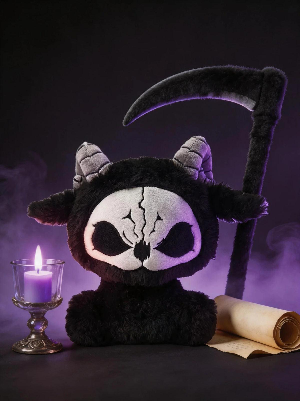 Dark Envoy Reaper Plush - Buu Evil with purple candle and scroll in a spooky setting.