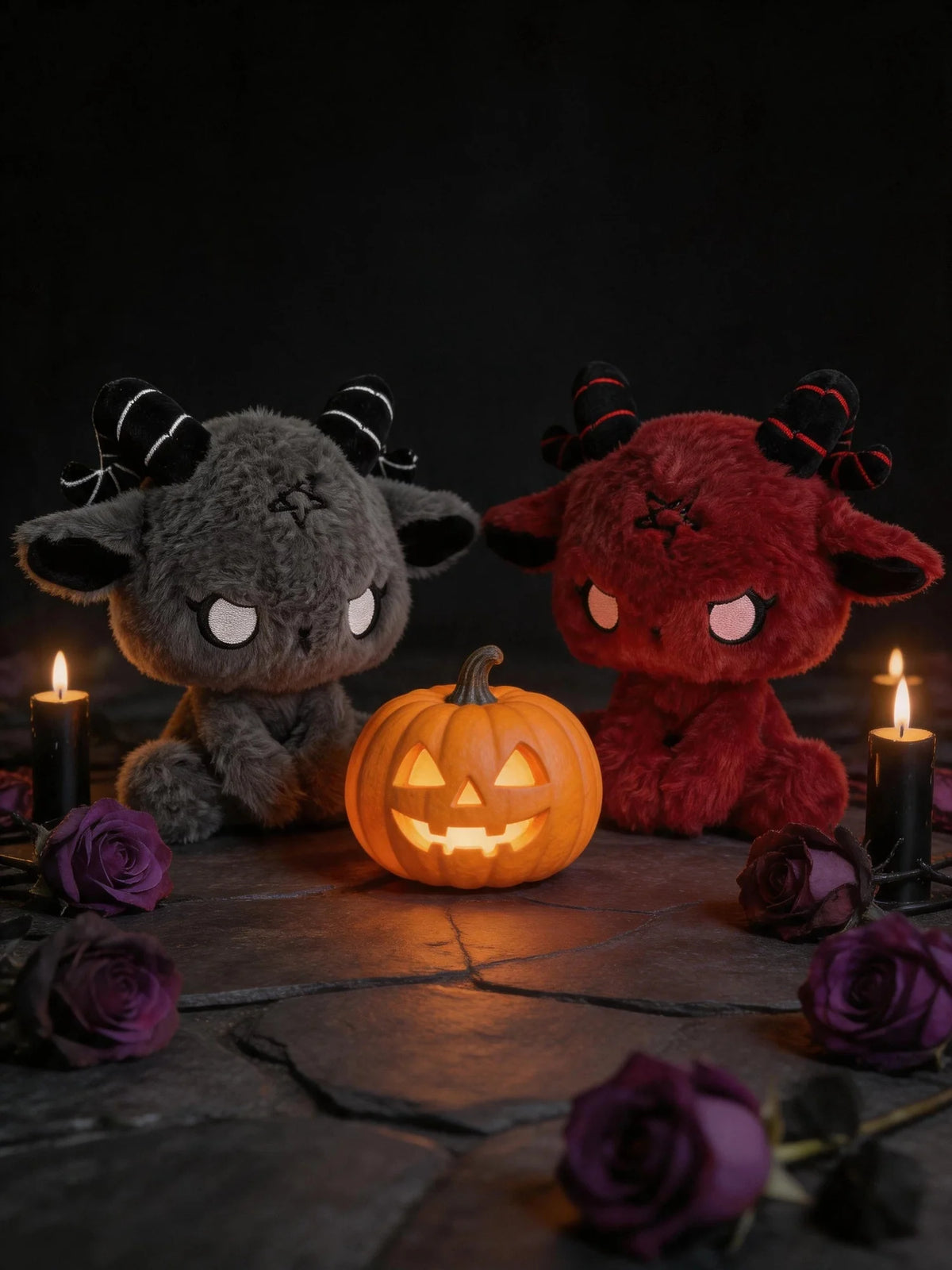 Dark Envoy Gothic Cute Plush Doll - Buu Evil in a spooky setting with a carved pumpkin, candles, and roses.