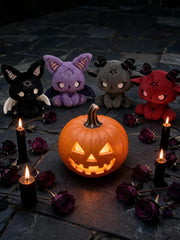 Dark Envoy Gothic Cute Plush Doll - Buu Evil collection with Halloween pumpkin and candles, featuring plush dolls in black, purple, grey, and red.