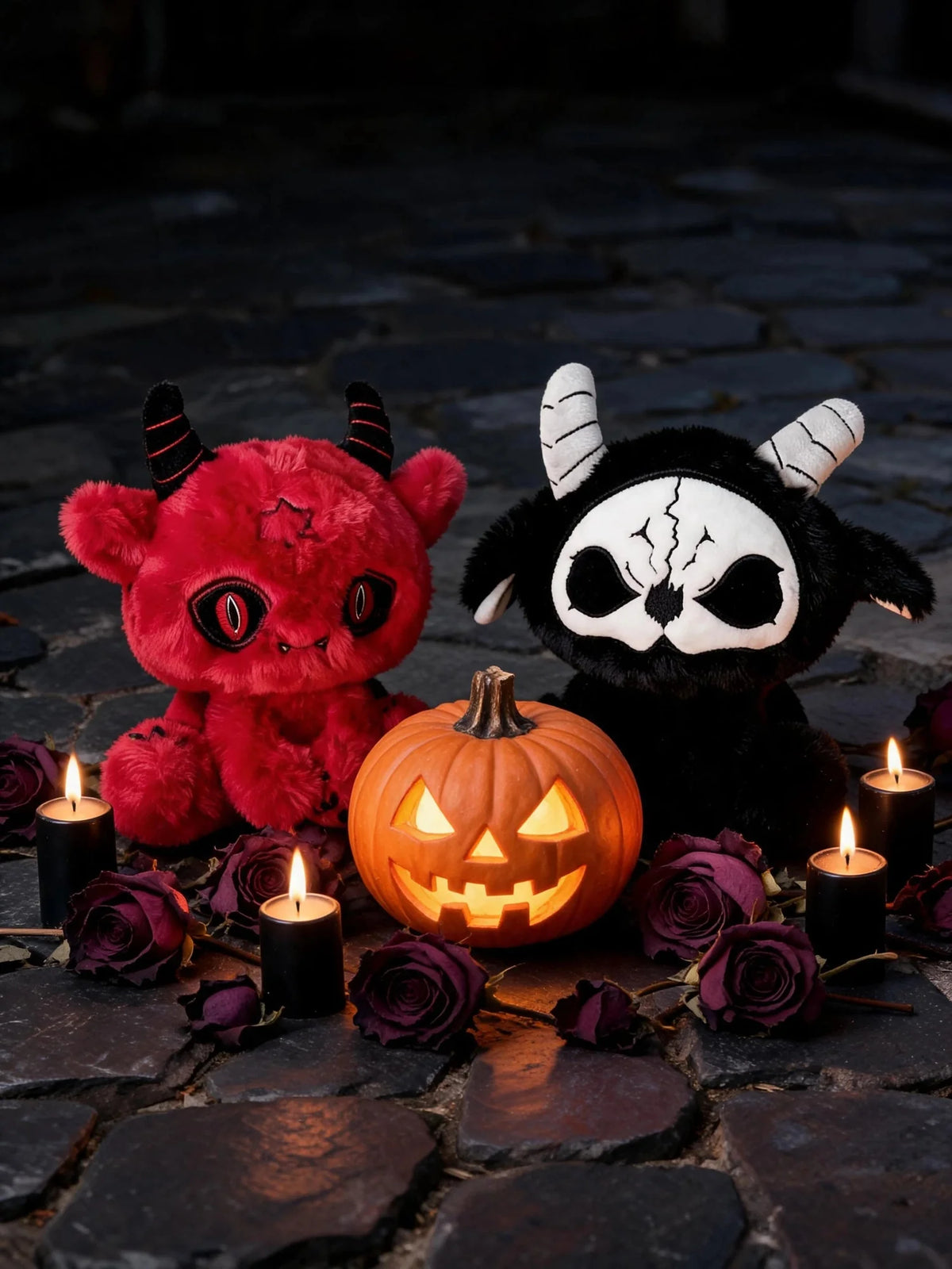 Dark Envoy Reaper Plush - Buu Evil alongside a carved pumpkin, surrounded by candles and roses, perfect for Halloween decor.