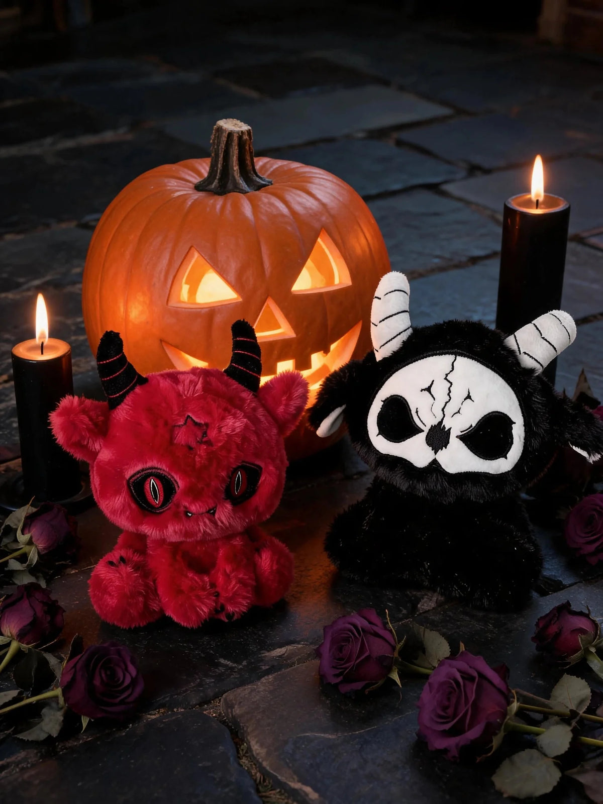 Dark Envoy Reaper Plush - Buu Evil next to a carved pumpkin and candles, Halloween decor with plush figures.