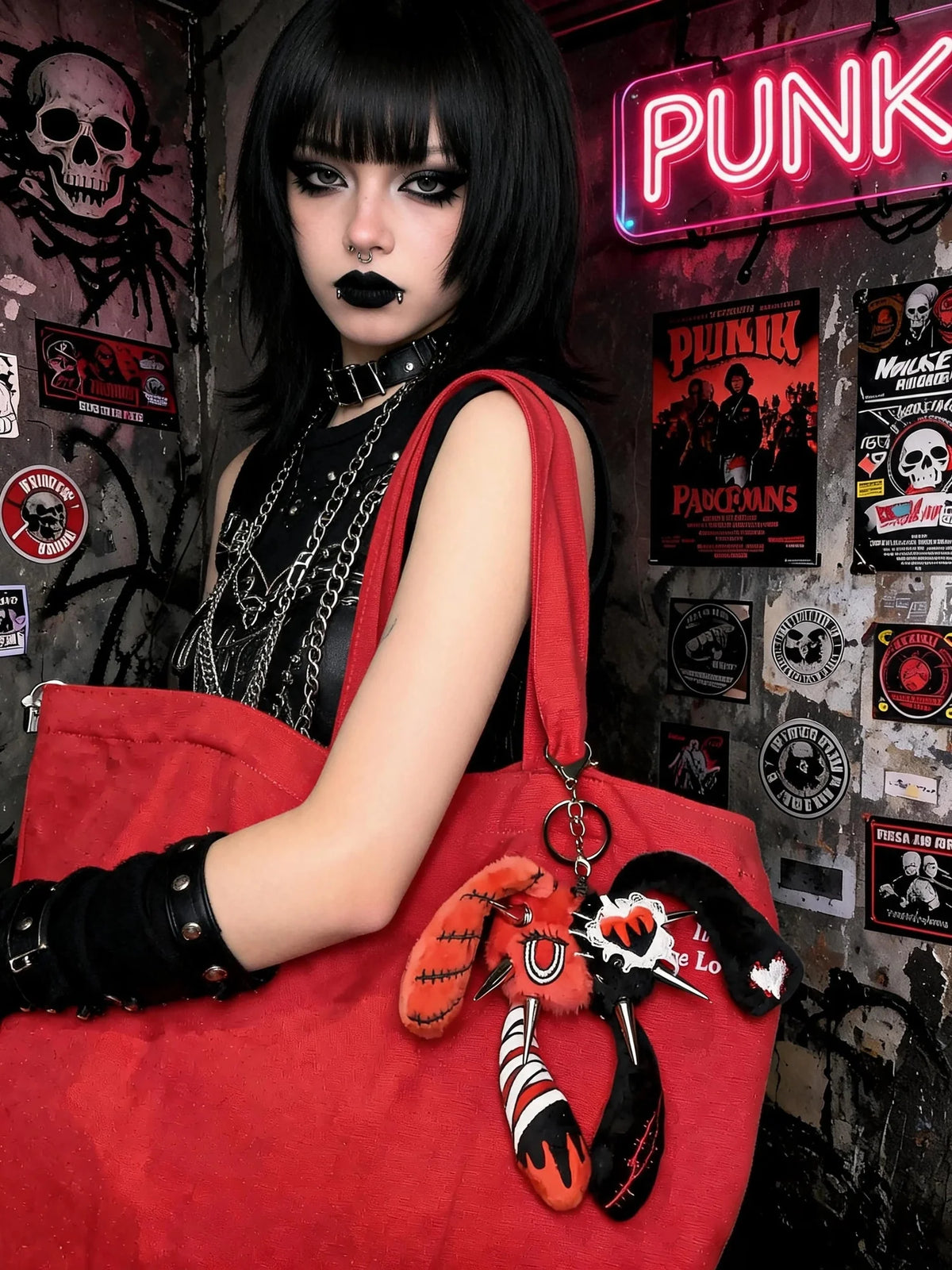 Model holding a red bag featuring the Rivet Punk Rabbit plush charm, showcasing punk style and kawaii aesthetics.