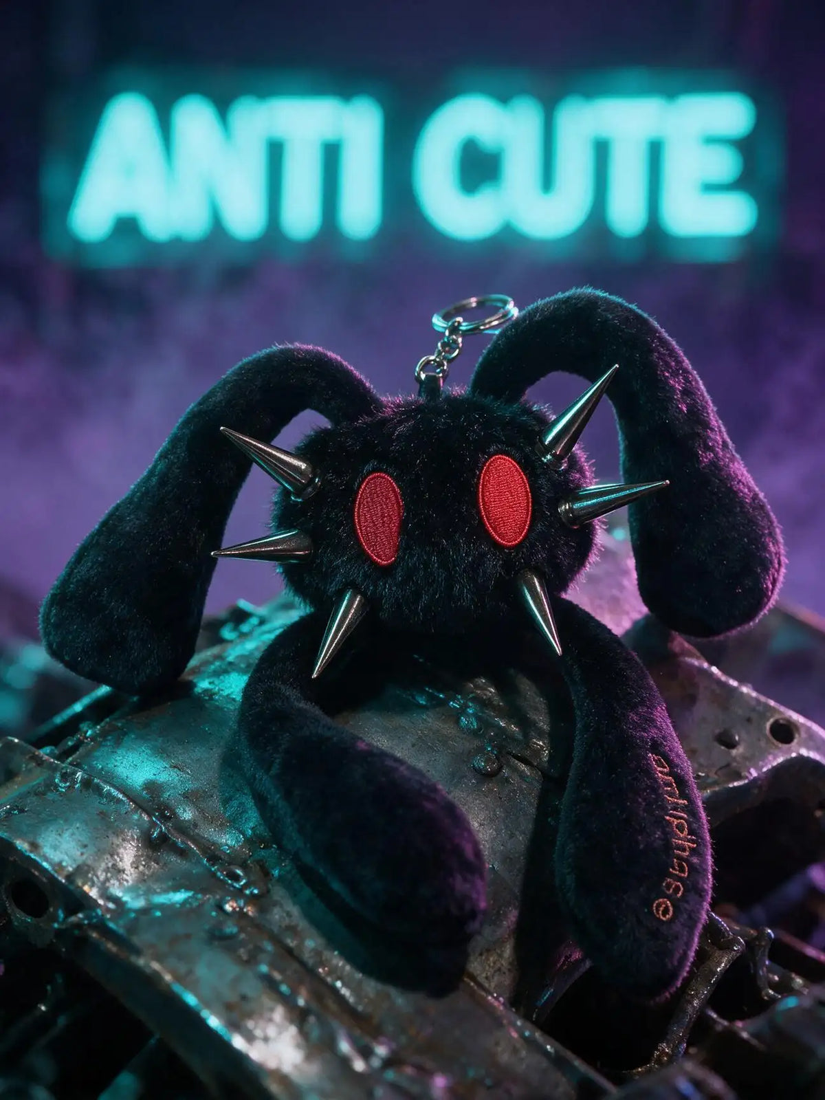 Punk Rabbit plush bag charm and keychain with spikes, highlighting its anti cute aesthetic.