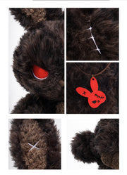 Close-up of Cuddly Bunny - Sulky Sourbun, featuring dark plush, red eyes, and a red tag for a moody vibe.