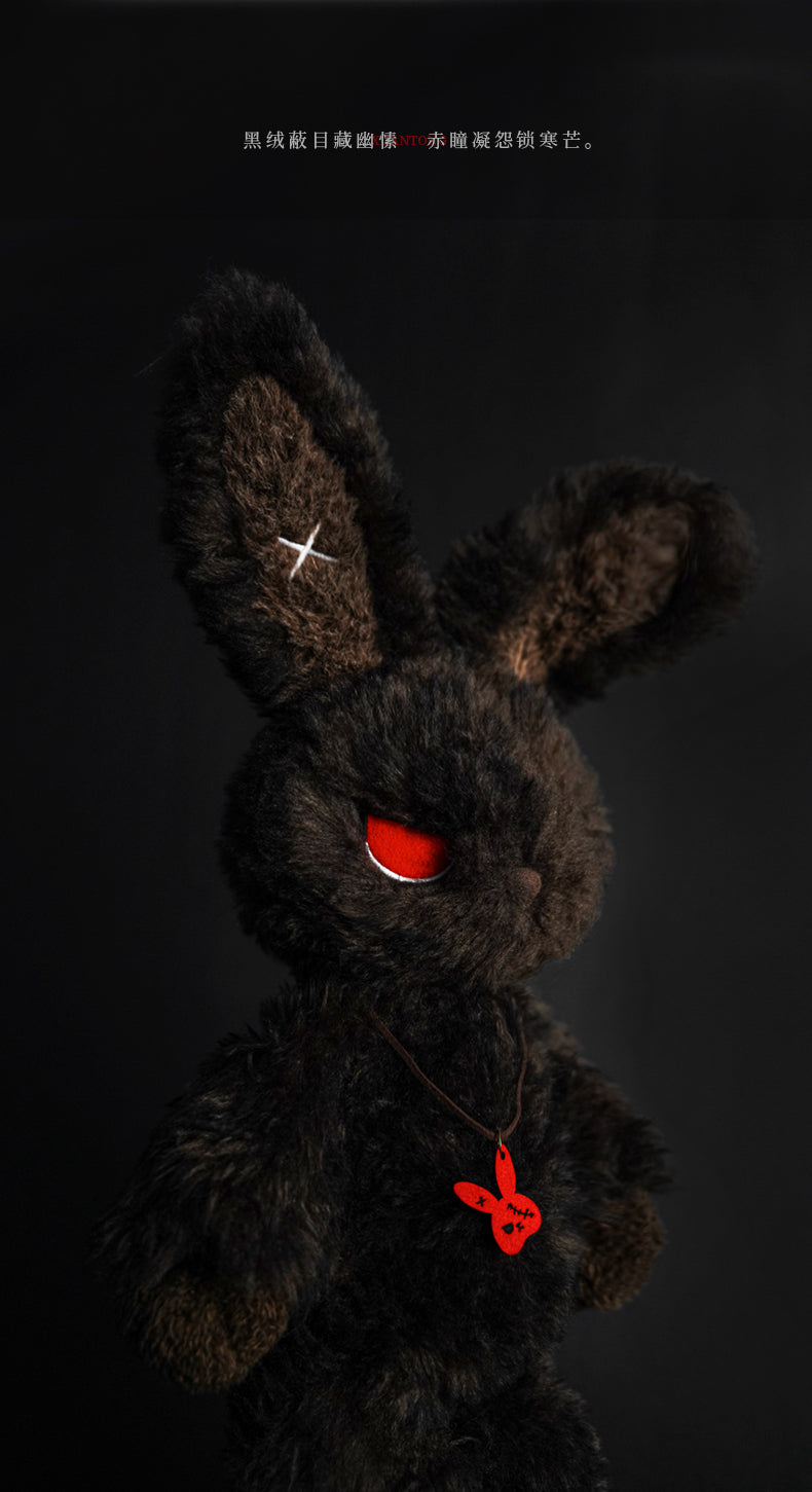 Cuddly bunny - Sulky Sourbun with dark shaggy plush and moody expression on a black background.